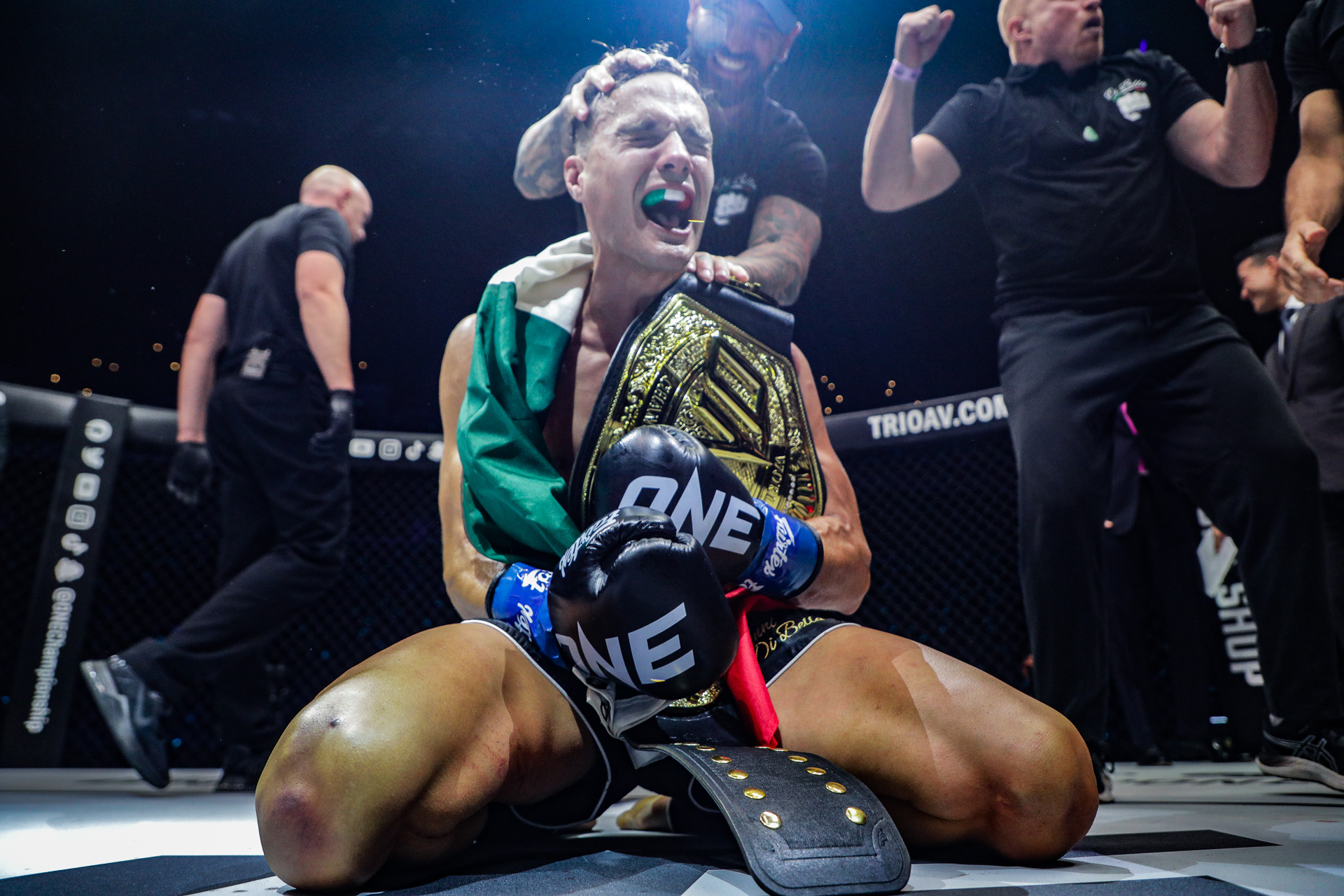 Jonathan Di Bella celebrates winning the ONE Strawweight Kickboxing World Championship