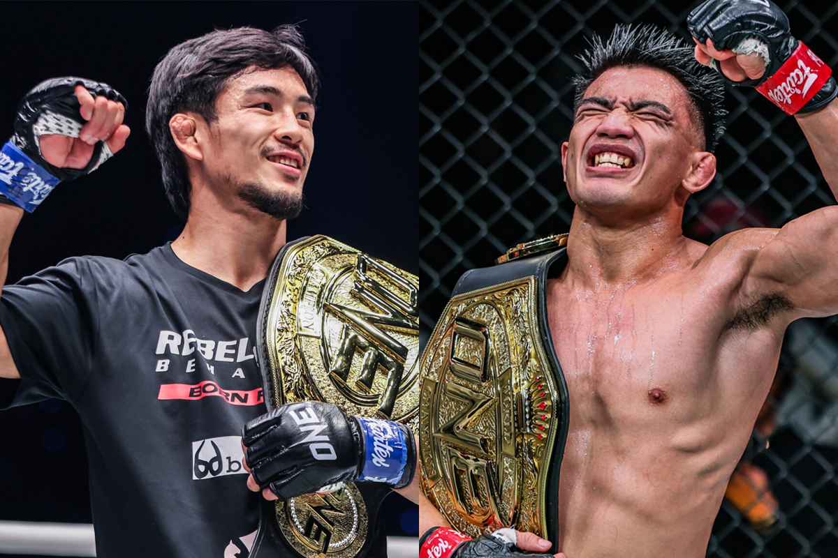 MMA fighters Yuya Wakamatsu and Joshua Pacio with ONE Championship belts